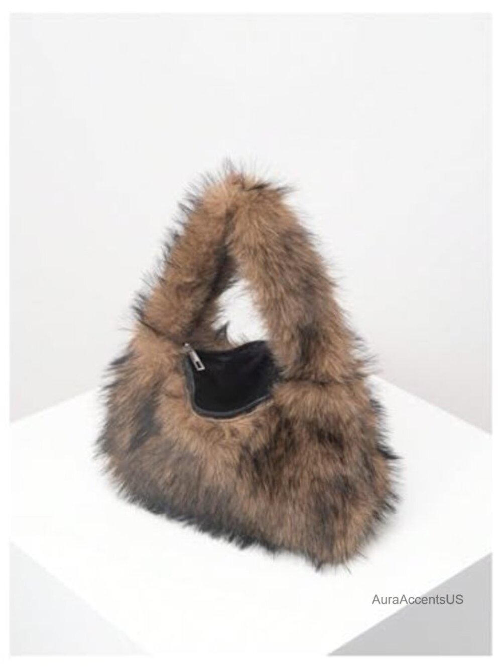 Faux Fur Crescent Shoulder Bag Fuzzy Plush Underarm Hobo Purse - Picture 4 of 6